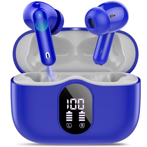 Btootos Wireless Earbuds, Bluetooth 5.4 Headphones Bass Stereo, Ear Buds with Noise Cancelling Mic, IP7 Waterproof in Ear Earphones, 36H LED Display Bluetooth Earbuds for Laptop Pad Phones, Navy Blue